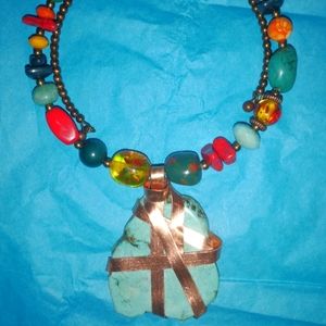 Turquoise & glass bead cuff necklace .with copper wrap
